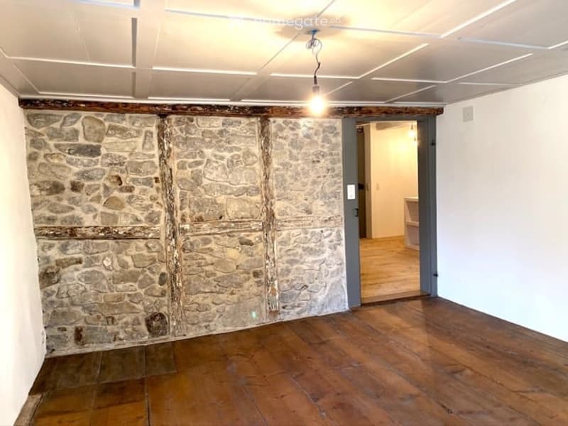 Empty room with wooden floor and stone wall, white ceiling, light hanging