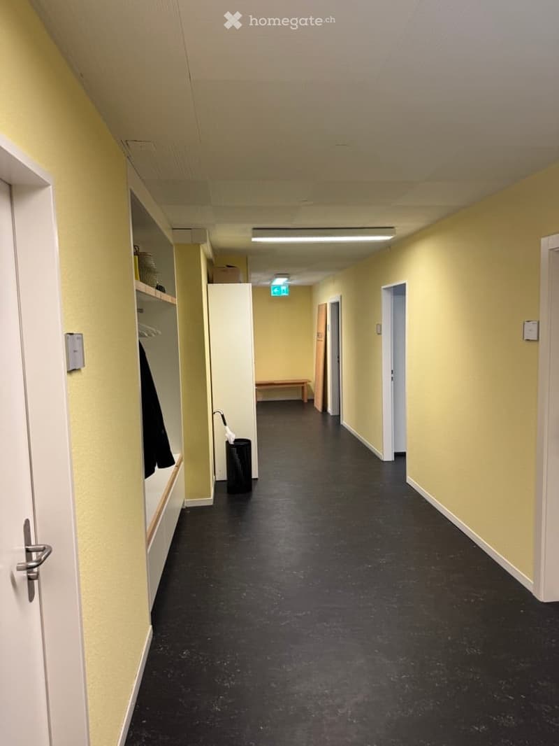 Yellow walls, black flooring, ceiling lights, a wooden bench, umbrella stand, and a storage cabinet.
