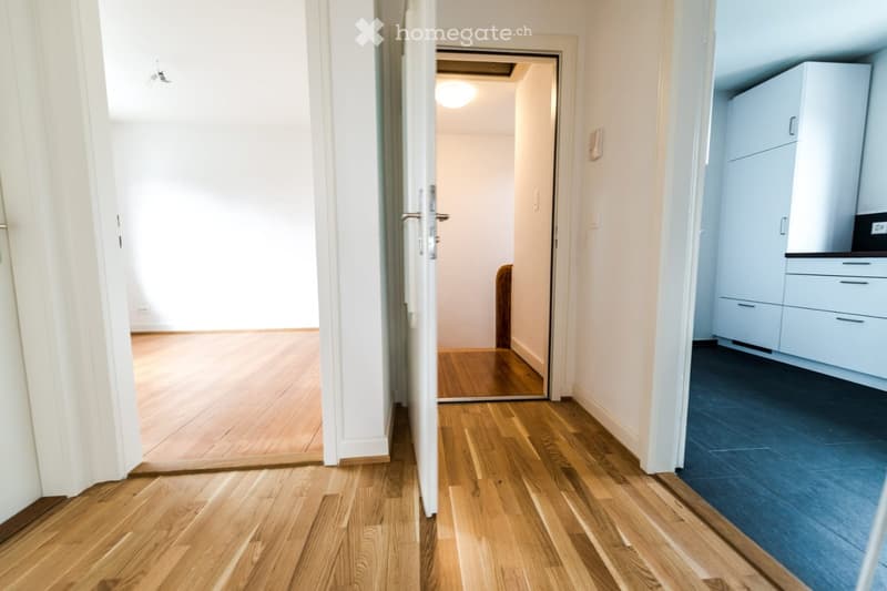 open hallway, wooden floors, white walls, open door, ceiling light