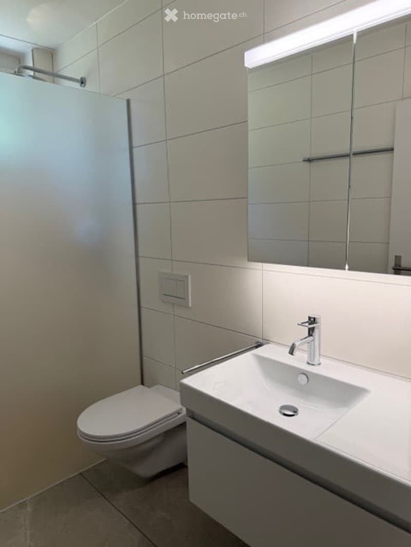 Modern bathroom with white tiles, a toilet, a sink with a modern faucet, and a large mirror above the sink.