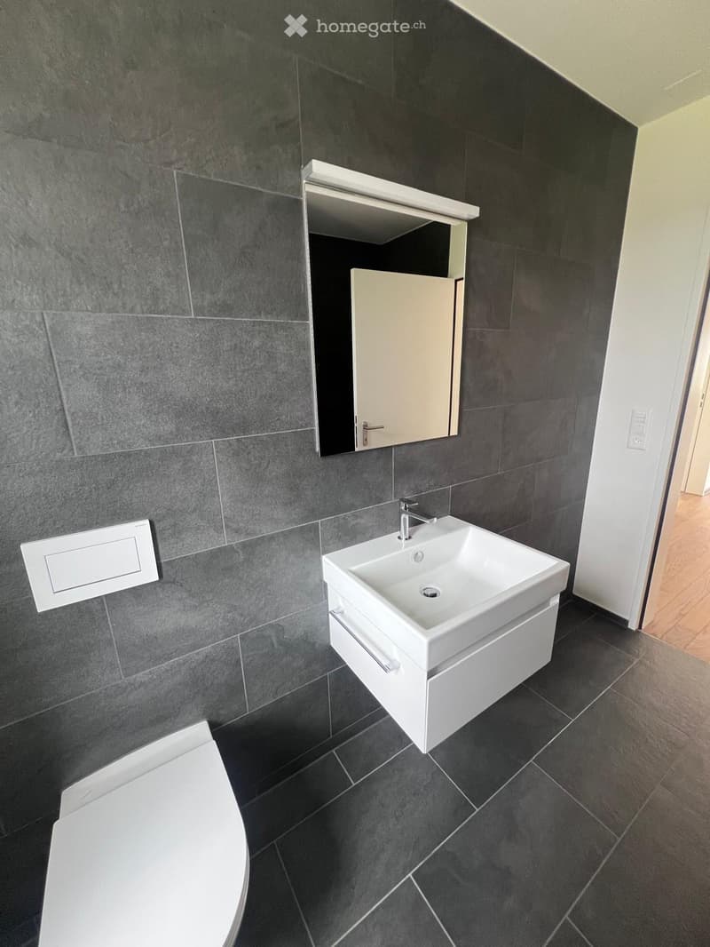 modern design, gray tiles, white sink, modern faucet, mirror with LED strip, white toilet, wooden floor
