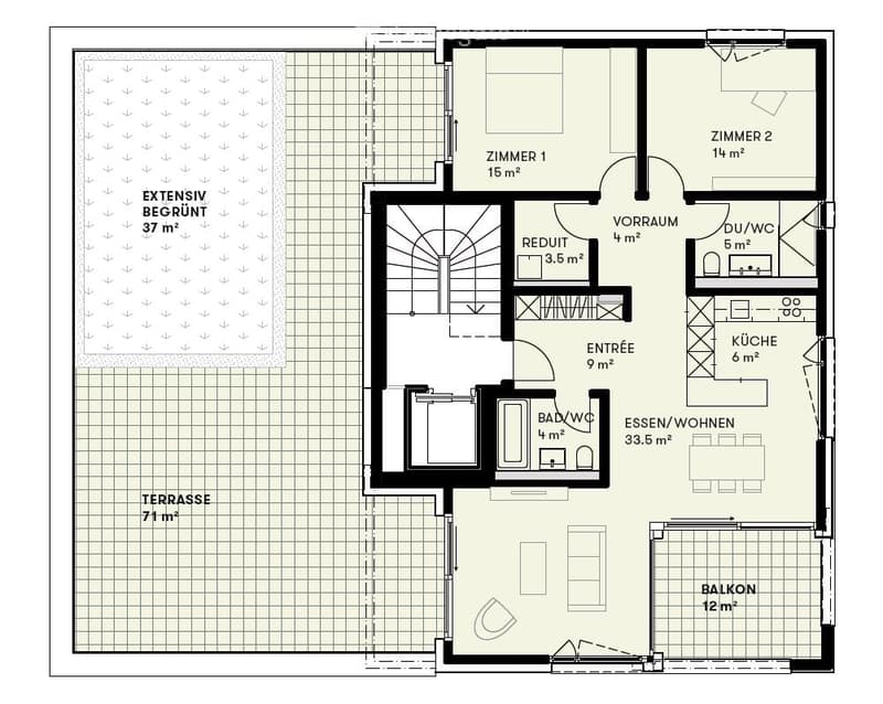 2 bedrooms, 2 bathrooms, living room, kitchen, dining area, laundry, terrace, balcony