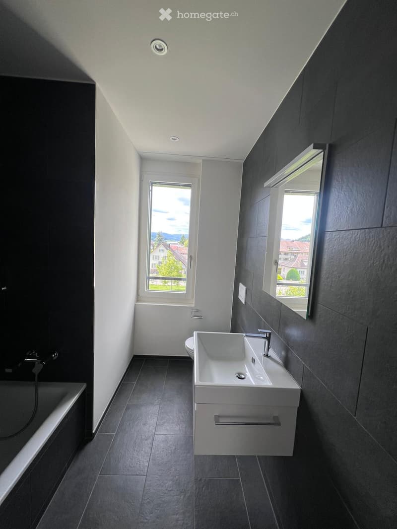 modern bathroom with bathtub, shower, toilet, sink, and window