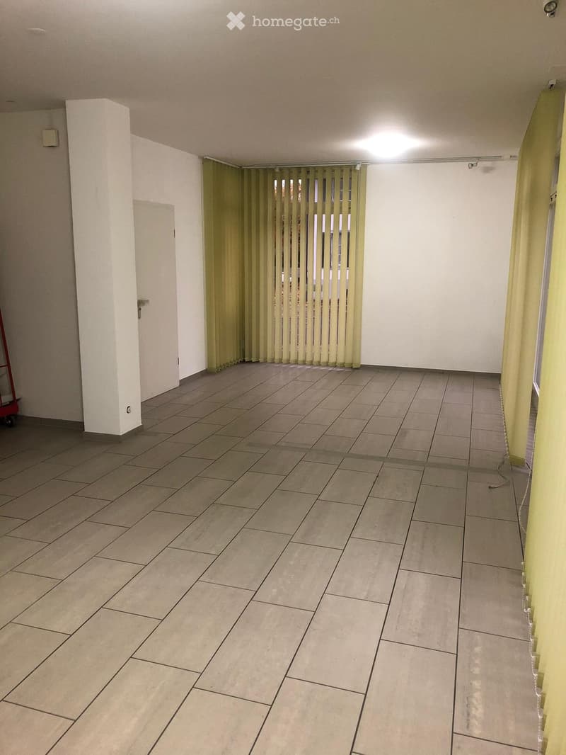 tiled floor, white walls, yellow blinds, ceiling light