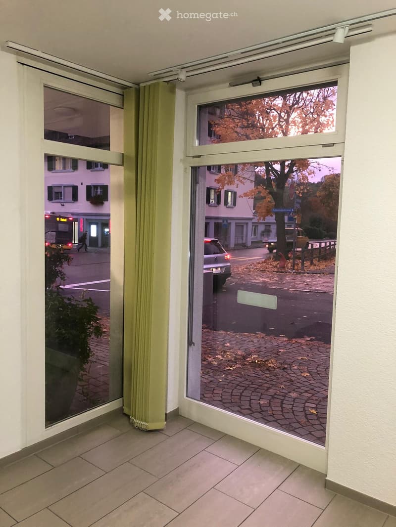 interior view, two large windows, tiled floor, curtain, visible street outside