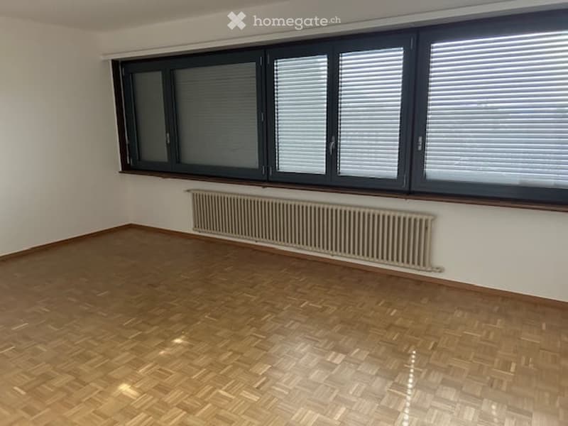 Empty room, hardwood floor, white walls, large windows, wall-mounted radiator