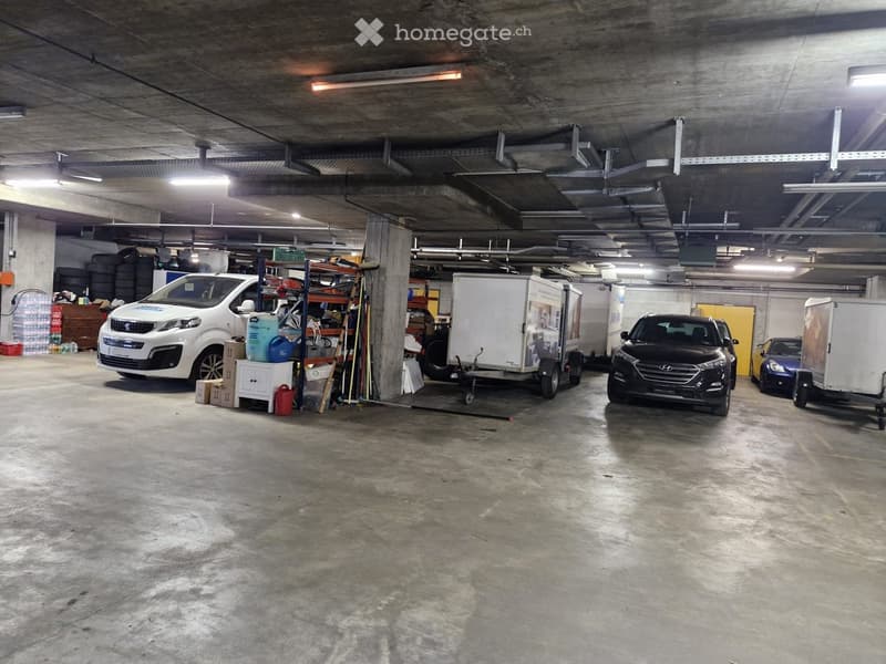 Underground garage, cars parked, storage boxes, ladder, trolley, shelf with items, buckets, and bottles.
