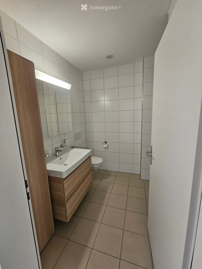 Modern bathroom with white tiles, wooden cabinet, white sink, mirror, toilet