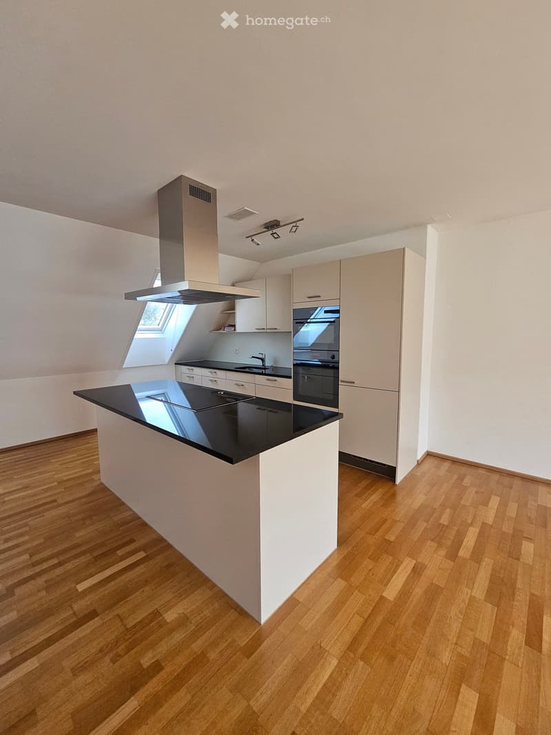modern kitchen with wooden floors, island countertop, built-in oven, and dishwasher