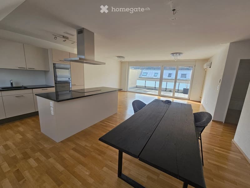 open kitchen, dining table, sliding doors, balcony, wooden floor, appliances