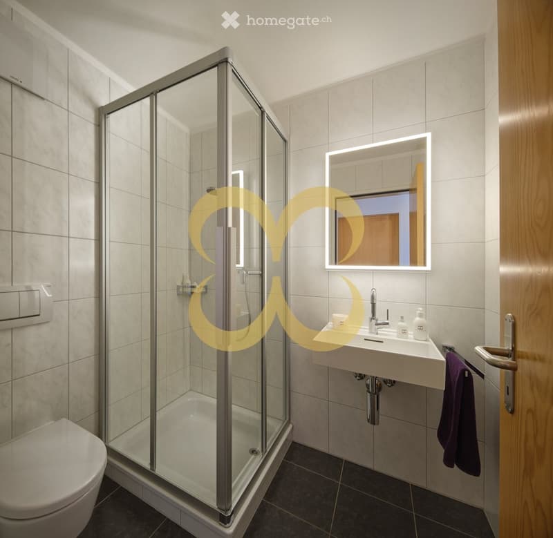 Bathroom with glass shower, toilet, sink, mirror, and dark tiled floor.