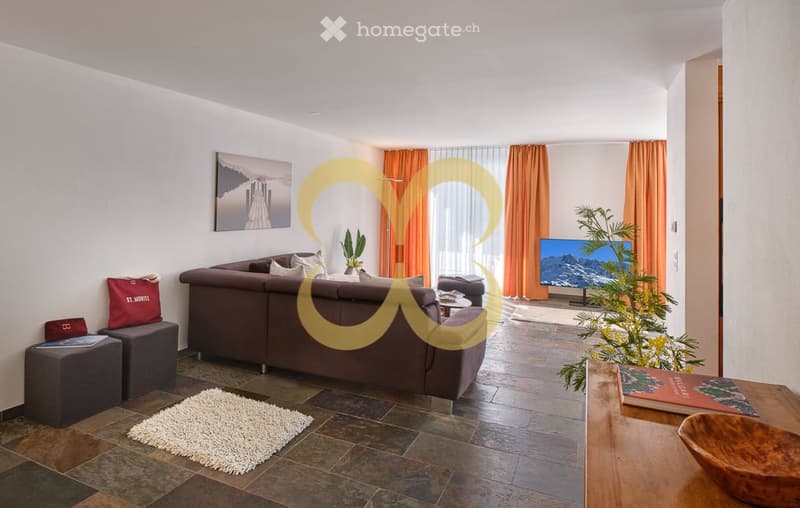 modern design, brown couch, orange curtains, television, white rug, table, plant