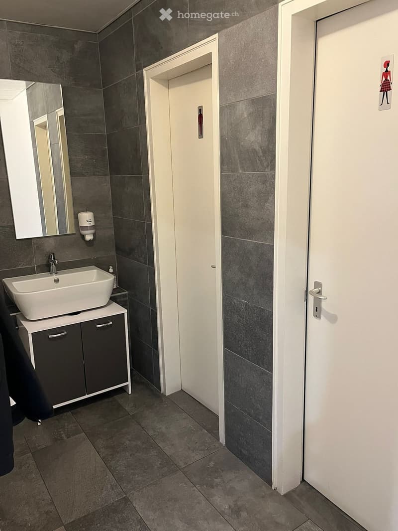 Modern bathroom with grey tiled floor, vanity with sink and mirror, and two doors.