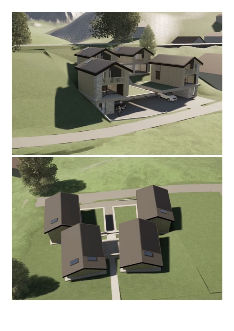 5 modern chalets, garage, raised ground floor, green area, driveway