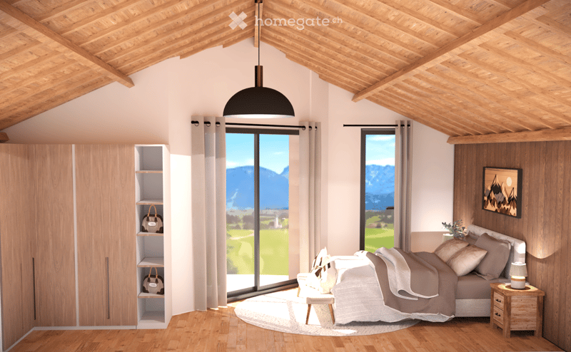 large windows, wooden ceiling, floor, modern decor, comfortable bed, wooden nightstand, wooden closets