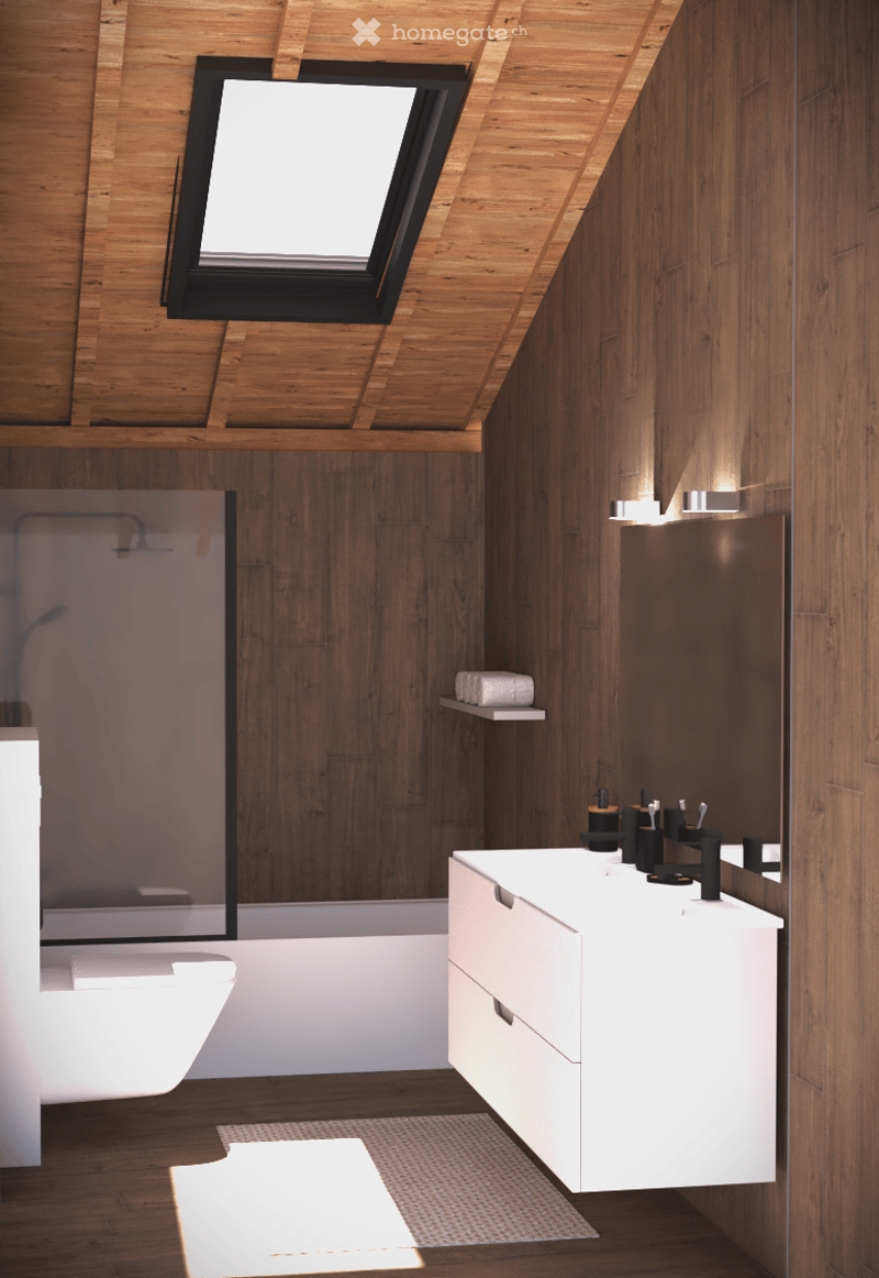 shower area, bathtub, white cabinet, sink, modern design, wooden ceiling, skylight
