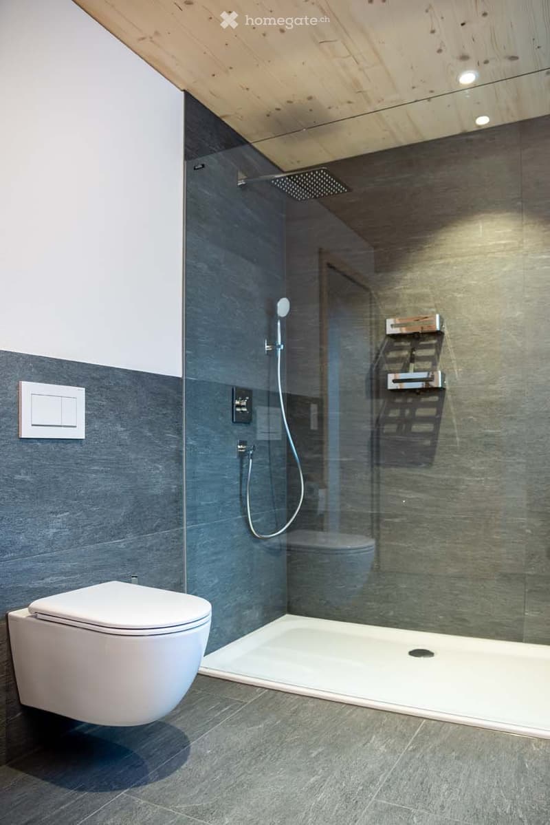 Bathroom with wall-mounted toilet, glass shower enclosure, walk-in shower, and floor with shower drain
