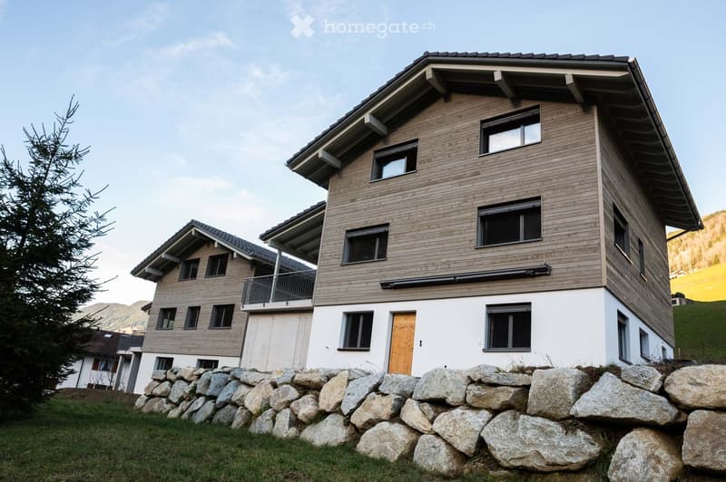 2 story house, wooden siding, black roof, multiple windows, concrete wall in front