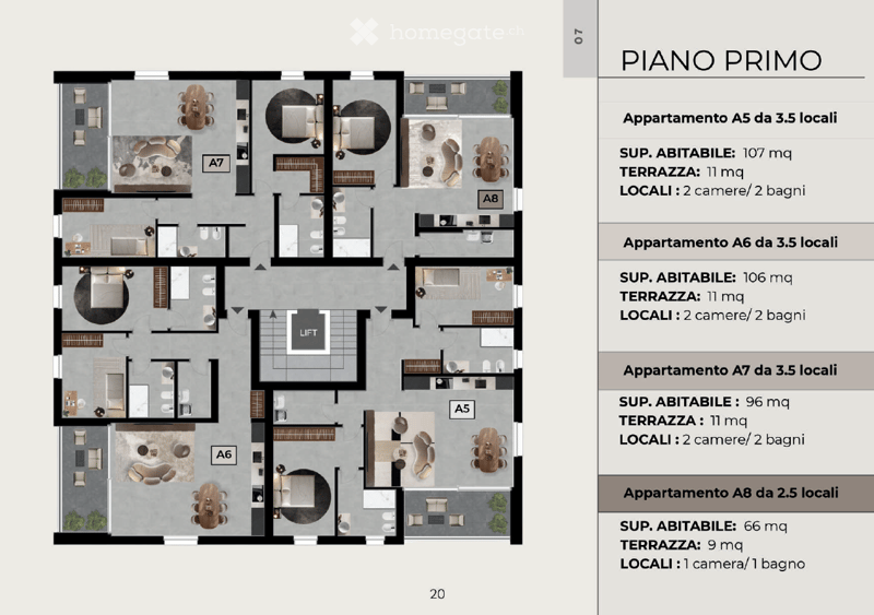 Apartamento A5, A6, A7, and A8 on the first floor with a lift, all with 2 bedrooms, 2 bathrooms, and a terrace