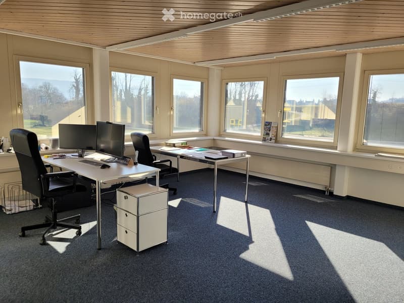Large office space with desks, office chairs, monitors, cabinets, and windows