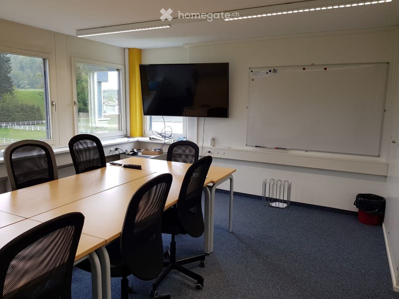 Meeting room, conference table, chairs, whiteboard, flat-screen TV, windows, power outlets