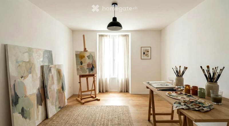 studio space, large canvases, painting supplies, wooden floor, natural light, modern decor