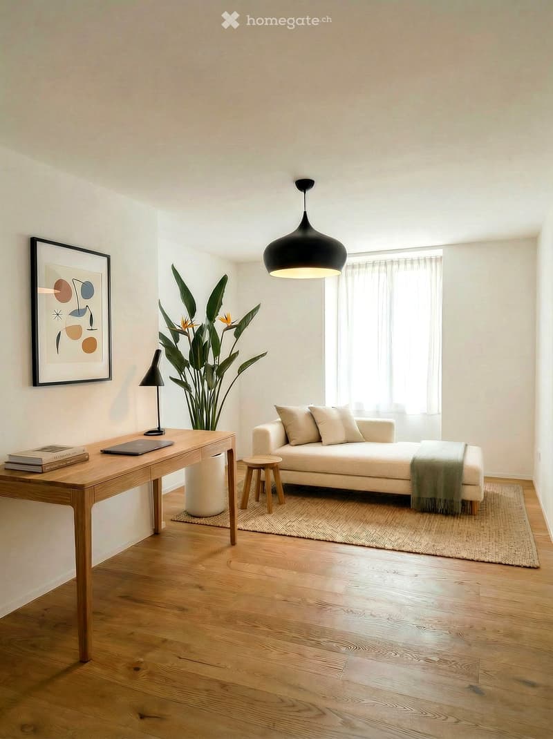 White walls, wooden floor, desk with books and laptop, couch, plant, rug, window, pendant light, table lamp
