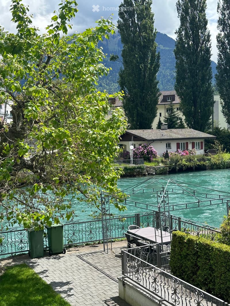 large garden, brick path, metal railings, trees, bushes, dumpsters, lake, mountains