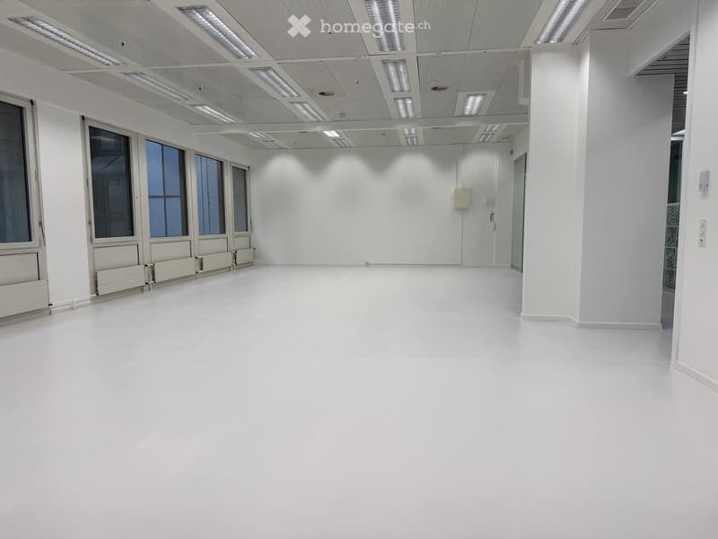 Empty room with white walls, floors, and ceiling, with large windows and ceiling lights