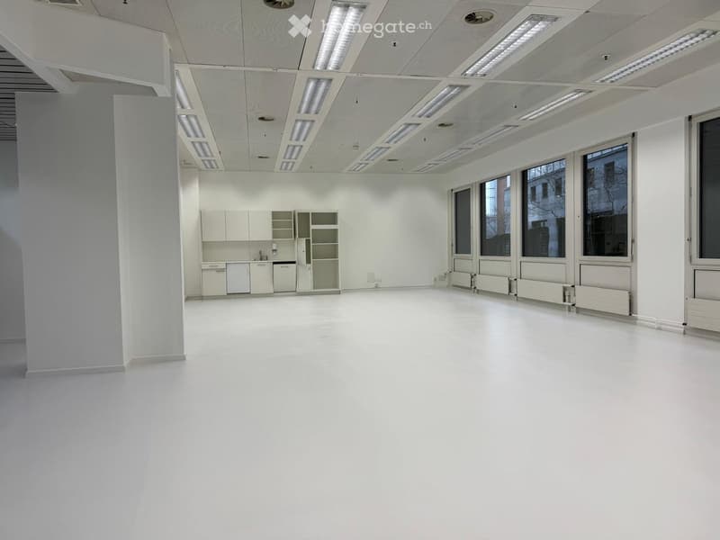 Empty room with bright lighting, white walls and floors, kitchen with built-in appliances, large windows