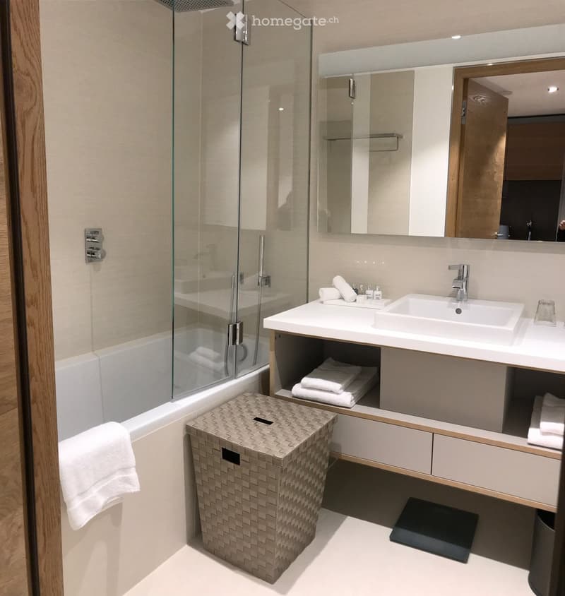 Modern bathroom with glass shower, vanity, sink, towels, toiletries, bathtub, basket, mirrors, storage.