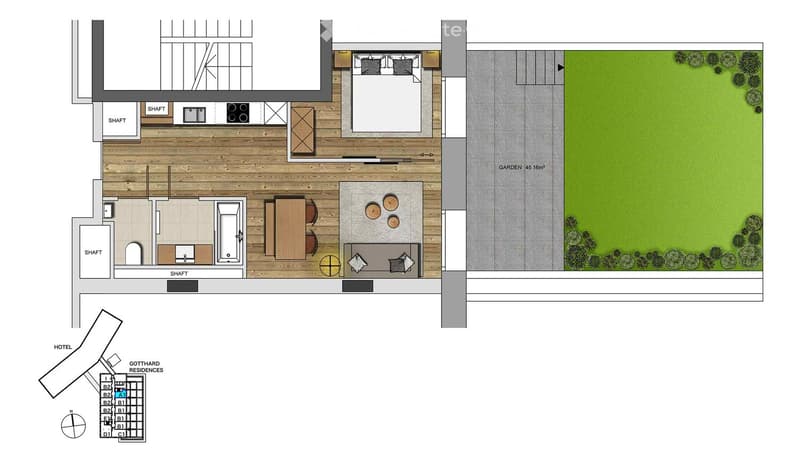 Living room, kitchen, 2 bedrooms, 2 bathrooms, patio, garden, view of garden