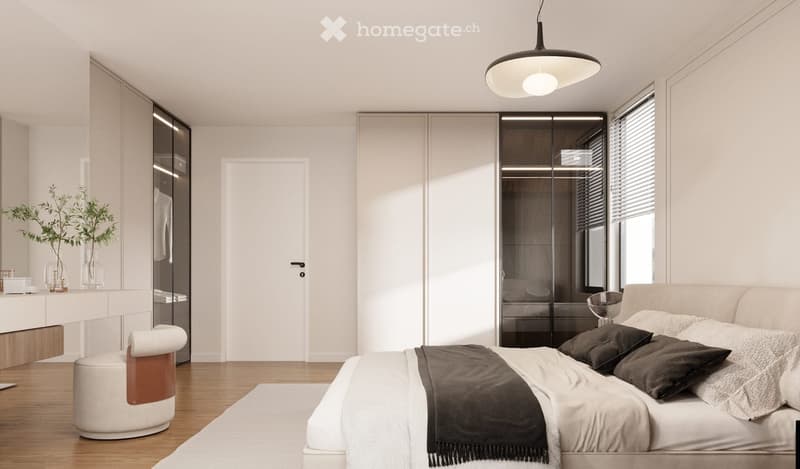 Large bed, white walls, wooden floor, white ceiling, white furniture, open wardrobe, desk, plant, lamp