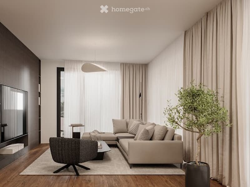 contemporary living room, beige sectional sofa, dark wood accent chair, glass coffee table, cream rug, flat screen tv on wall, pendant light, olive tree in black pot, beige curtains