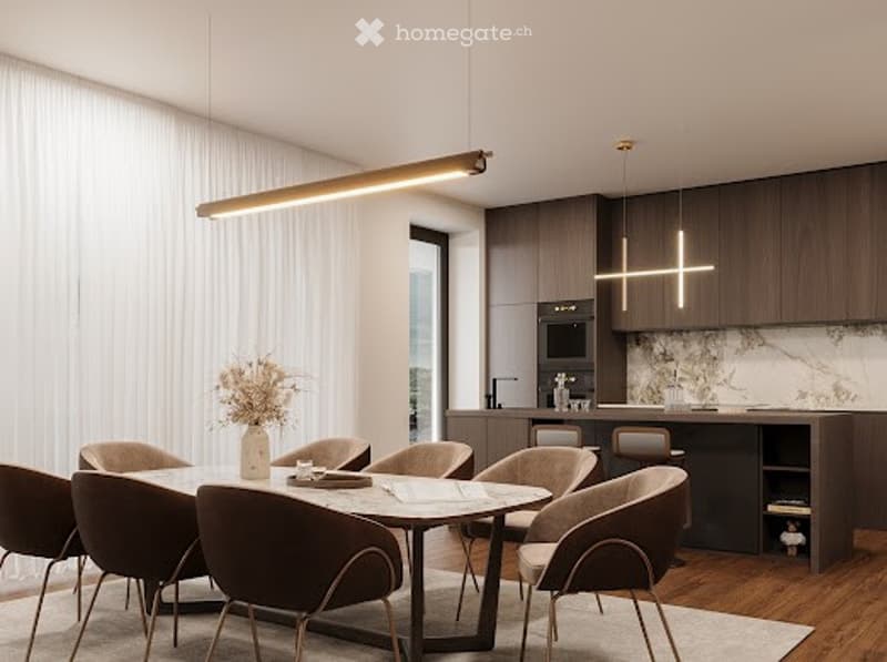 large dining table, wooden floor, wooden cabinets, kitchen with white marble countertop, modern lighting