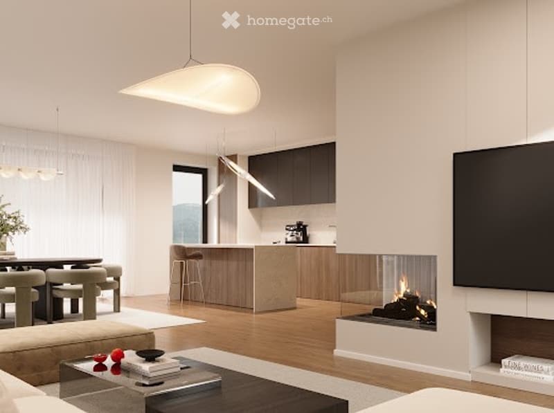 open living room with fireplace, modern furniture, flat screen TV, dining table, kitchen island
