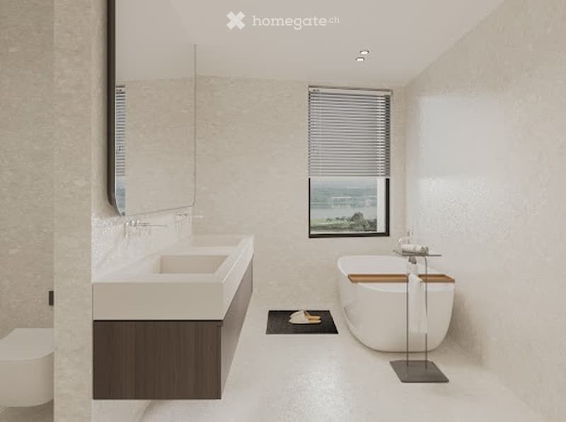 modern bathroom with white walls, double sink, bathtub, toilet, mirror, and window with blinds