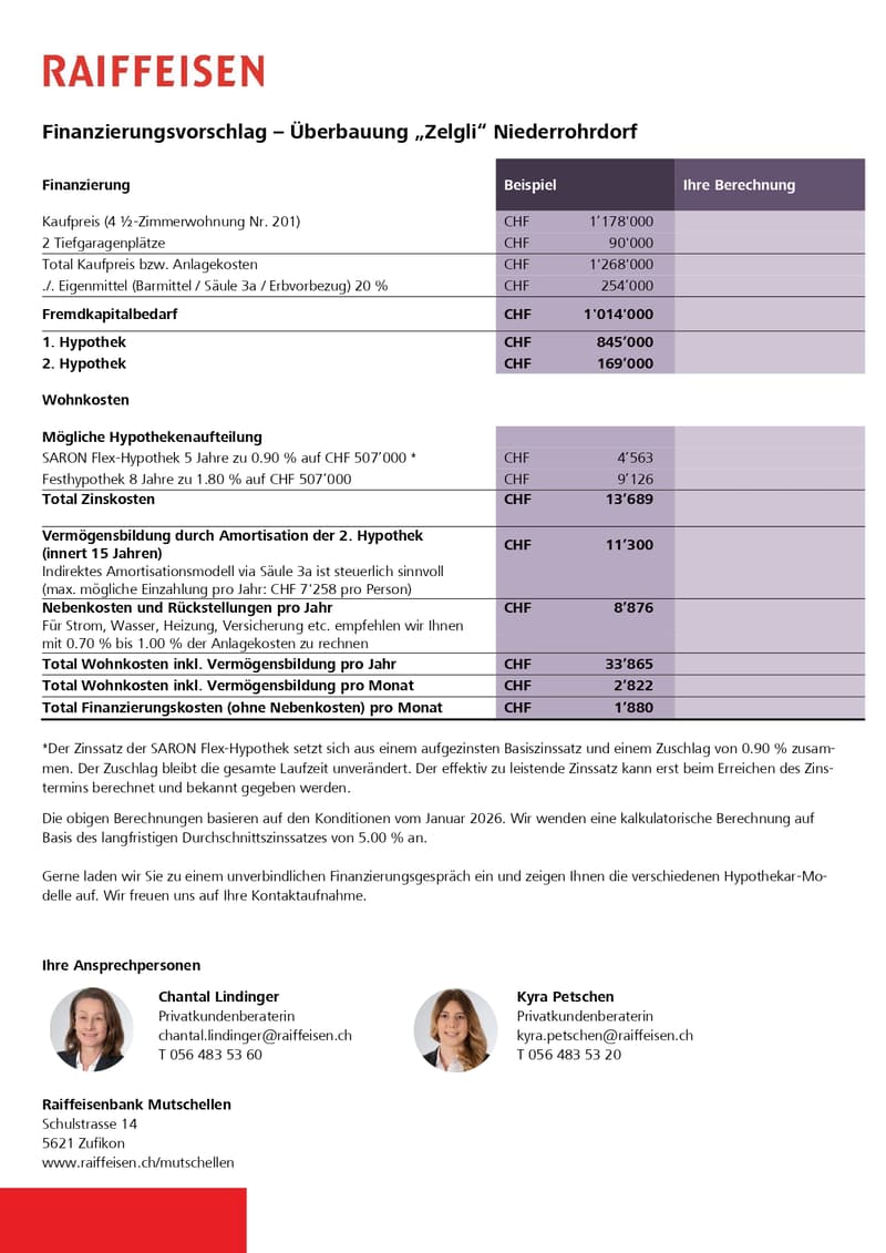 A financial proposal document from Raiffeisen Bank for the purchase of a property in Niederrohrdorf. The document contains financing details, costs, and calculations for purchasing and mortgage options.