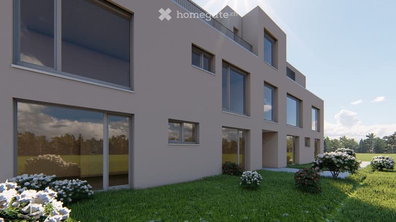 modern building, multiple floors, large windows, raised ground floor, balcony, garden, grassy field