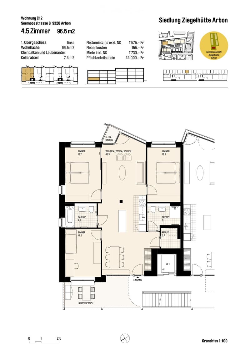 4.5 room, 96.5 m2, links: living room, kitchen, 2 bedrooms, 2 bathrooms, balcony, rechts: 13.7 m2 bedroom, 12.2 m2 room, 12.8 m2 bedroom, 4.8 m2 bathroom, 5 m2 bathroom, lift, entrance, hallway