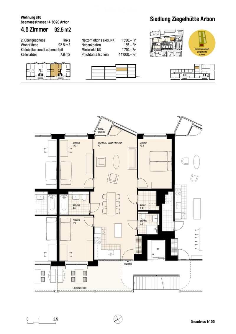The floor plan shows two floors with 4.5 rooms, including two bedrooms, two bathrooms, a living/dining room, a kitchen, and a small balcony.