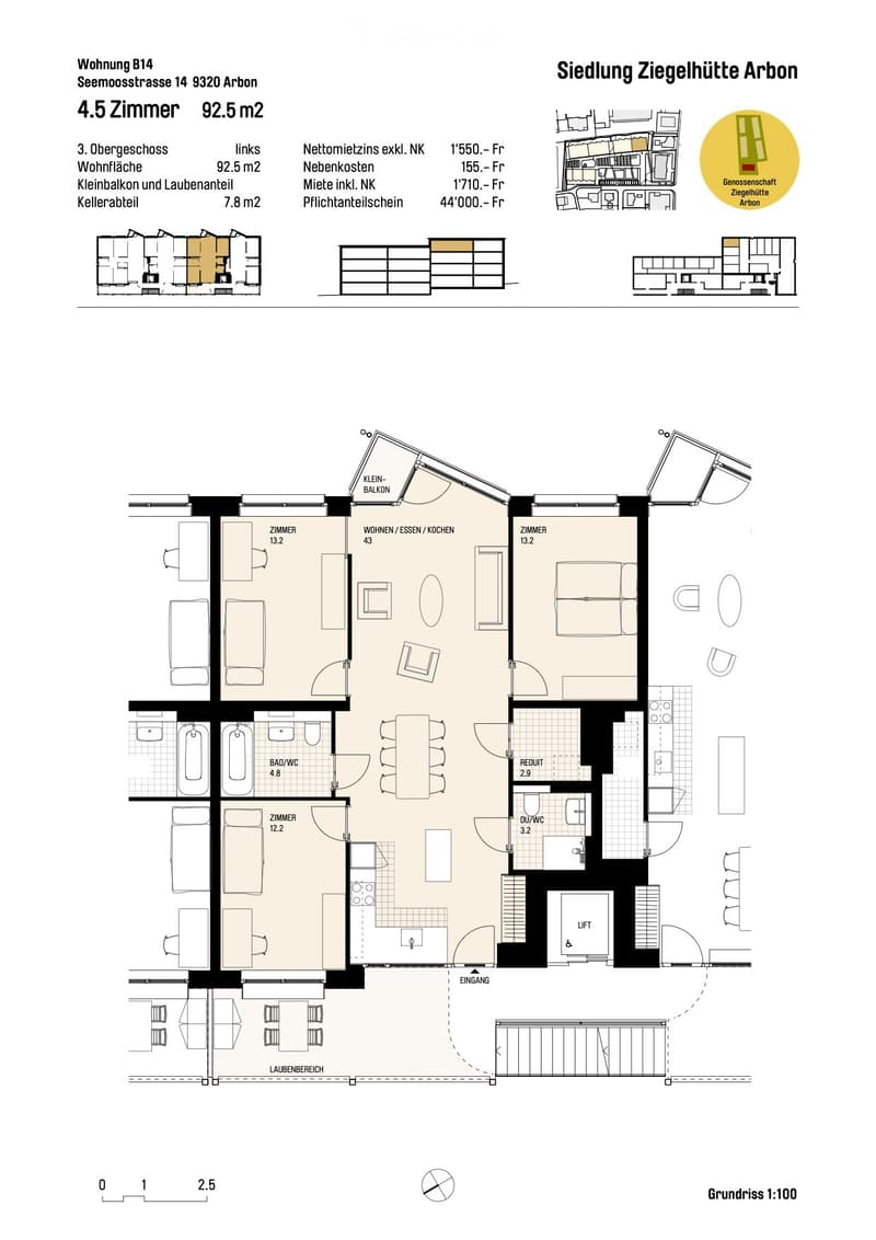 4 bedrooms, kitchen, living room, bathrooms, balconies, lift