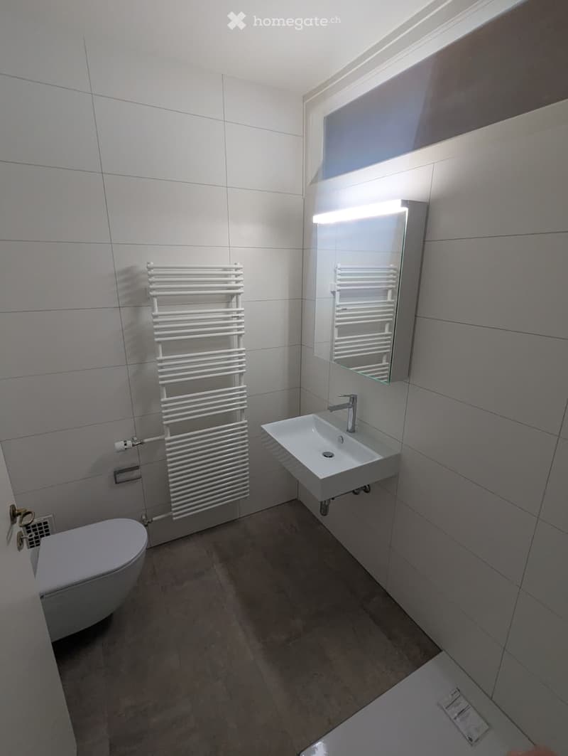 modern bathroom with white tiles, toilet, sink, and towel warmer