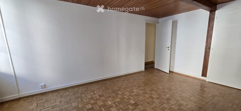 empty room, white walls, wooden floor, wooden ceiling, two doors, power outlet