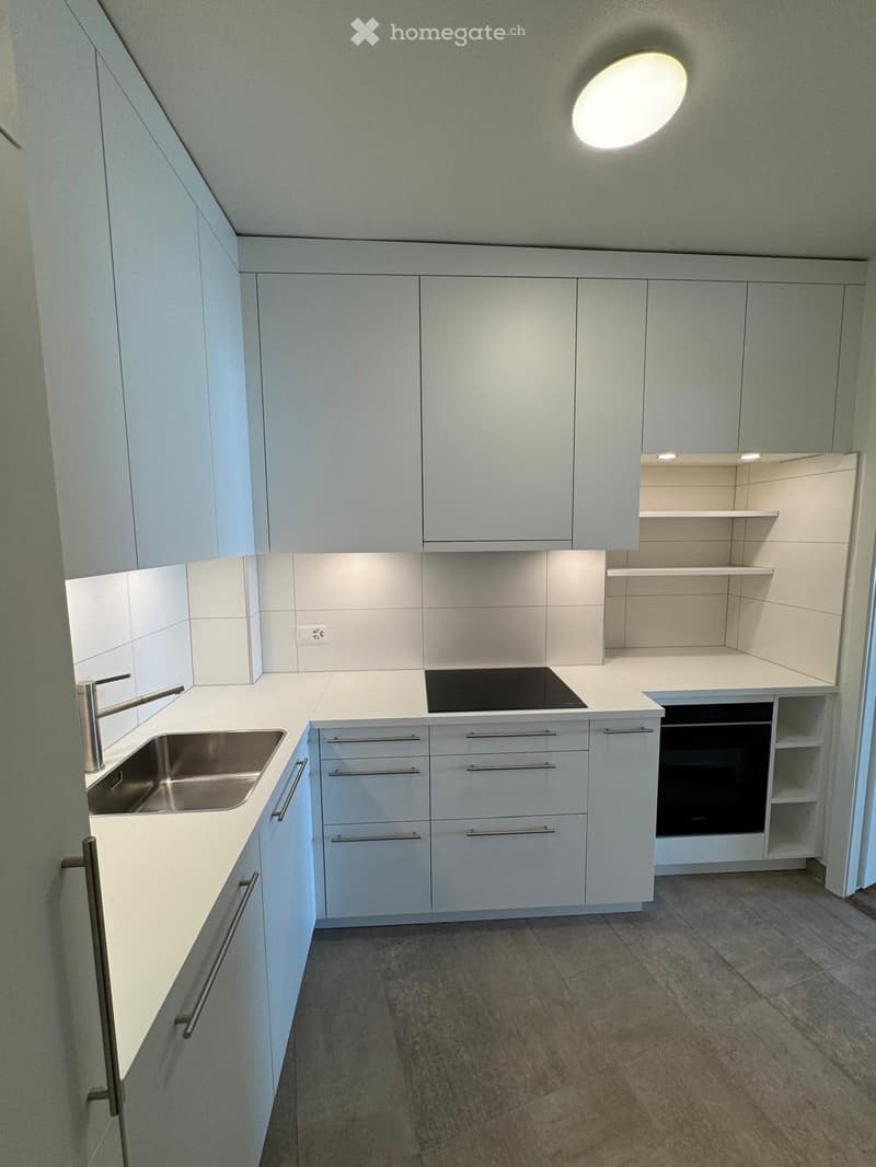 modern minimalist kitchen with white cabinets, stainless steel sink, integrated dishwasher, black stovetop, wooden floors