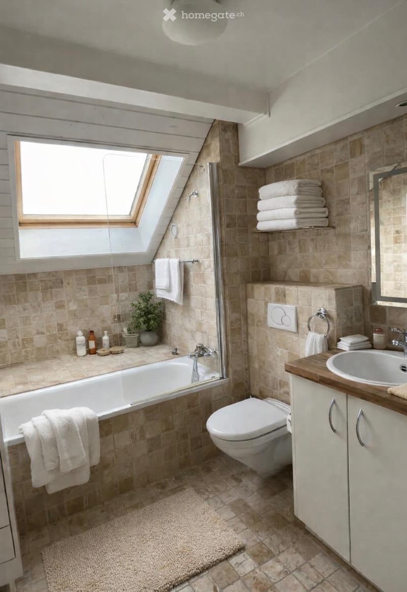 Bathroom with bathtub, toilet, and sink. It has a glass shower door, skylight, wooden countertops, beige floor, beige and brown tiles.