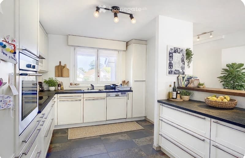 modern kitchen, white cabinets, granite countertops, built-in dishwasher, open concept
