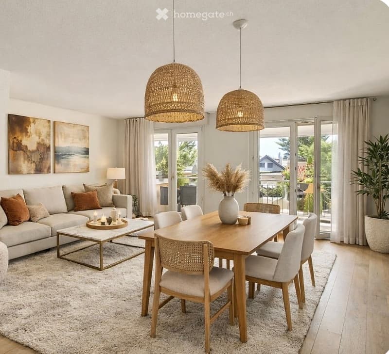 Balcony, View, wooden table, chairs, couches, lamps, carpet, coffee table, decorative pot