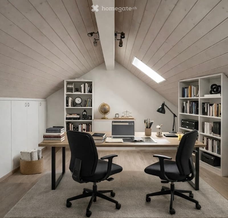 Small room with desk, chair, bookshelves, ceiling lamp, globe and light fixtures, wooden floor, sky light