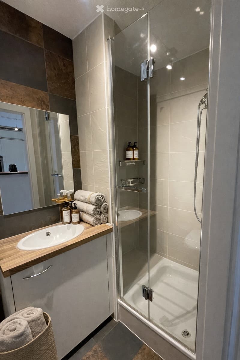 Modern bathroom with a walk-in shower, vanity with a sink, and white towels.
